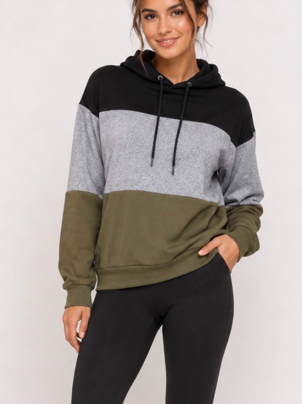 Colorblock Hooded Sweatshirt in Black, Gray & Olive SZ XL Comfort cozy